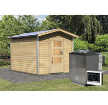 Außensauna aus Holz mit Saunaofen und Steuerung