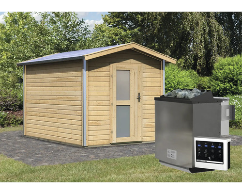 Sauna en bois avec poêle et commande dans le jardin