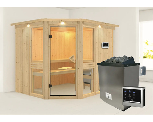 Ecksauna aus Holz mit Saunaofen und Steuerung