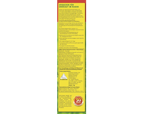 Informations sur le désherbant Wolf-Garten et l''engrais pour gazon, avec des informations sur les ingrédients, l''utilisation et le fabricant