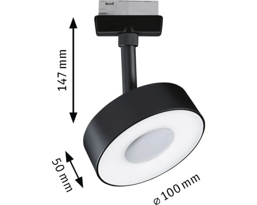 Schwarzer LED-Strahler mit den Maßen 147 mm Höhe, 50 mm Tiefe und 100 mm Durchmesser.