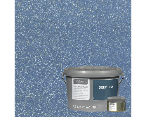Pot de peinture avec peinture murale teintée et effet paillettes sur fond bleu
