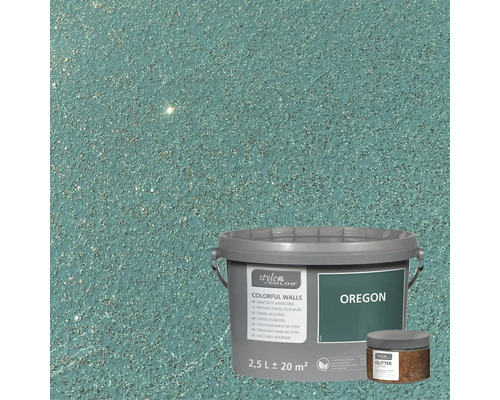 Un seau de peinture murale avec ajout de paillettes devant un mur peint