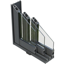 Querschnitt eines Fensters mit Rahmen und Dreifachverglasung