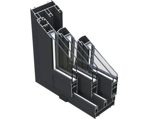 Schnittansicht eines Fensters mit Dreifachverglasung und Aluminiumrahmen