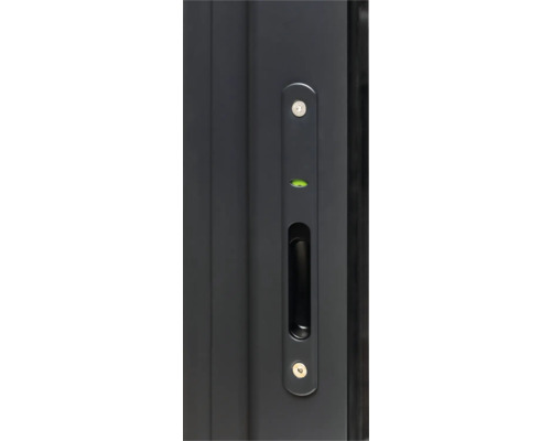 Vue détaillée d''une porte coulissante avec poignée, serrure et niveau à bulle intégré