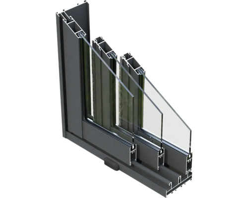 Querschnitt eines Aluminiumfensters mit Mehrfachverglasung