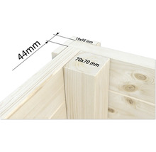 Vue détaillée d''un coin en bois avec indications de dimensions : 44 mm, 19 x 95 mm et 70 x 70 mm.