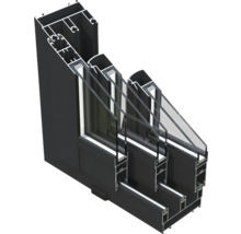 Querschnitt eines schwarzen Aluminiumfensters mit Dreifachverglasung