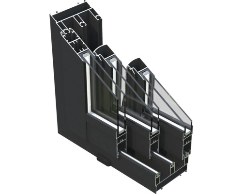 Querschnitt eines schwarzen Aluminiumfensters mit Dreifachverglasung
