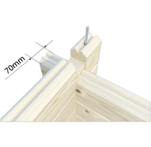 Detailansicht einer Ecke eines Blockbohlenhauses mit Maßangabe 70 mm und Bolzen