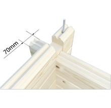 Detailaufnahme einer Holzkonstruktion mit einer angezeigten Abmessung von 70 Millimeter.