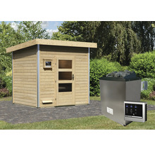 Aussensauna mit Saunaofen und Steuerung im Garten