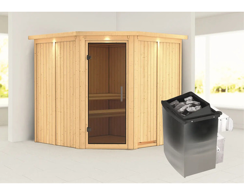 Ecksauna aus Holz mit Glastür und Saunaofen mit Saunasteinen