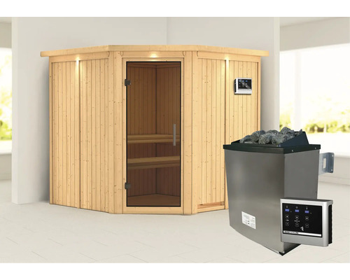 Sauna d''angle en bois avec poêle de sauna et commande