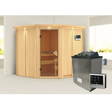 Sauna d''angle en bois avec porte vitrée et poêle de sauna