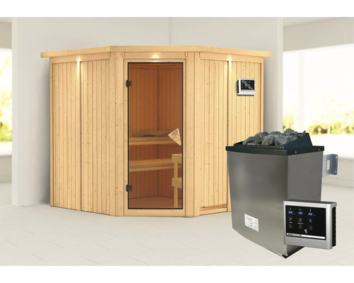 Sauna d''angle en bois avec porte vitrée et poêle de sauna