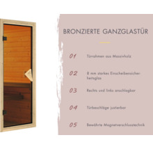 Bronzefarbene Ganzglastür mit Türrahmen aus Massivholz und Magnetverschlusstechnik