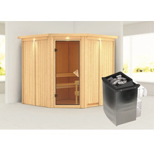 Sauna d''angle en bois avec poêle et pierres de sauna