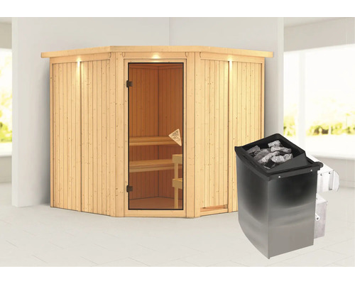 Sauna d''angle en bois avec poêle et pierres de sauna
