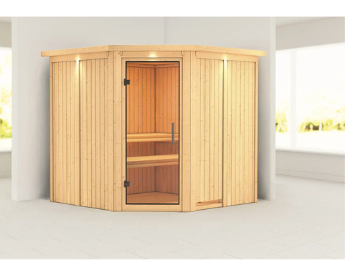 Ecksauna mit Glastür und Innenbänken aus Holz