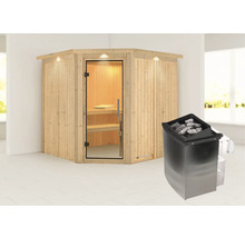 Ecksauna mit Glasfront und Saunaofen