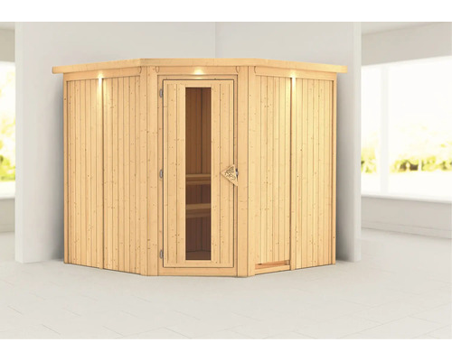 Sauna d''angle en bois avec porte en verre