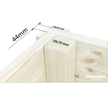 Vue détaillée d''un angle en bois avec des indications de dimensions pour une maison en bois massif ou un pavillon de jardin, logo Palmako inclus