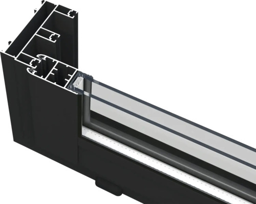 Querschnitt eines schwarzen Aluminiumfensterprofils mit Glas