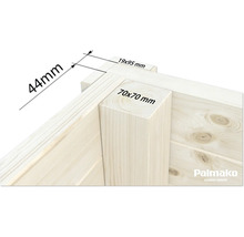 Detailansicht einer Holzecke mit Maßangaben von 44 mm, 19 mal 95 mm und 70 mal 70 mm, Palmako Logo