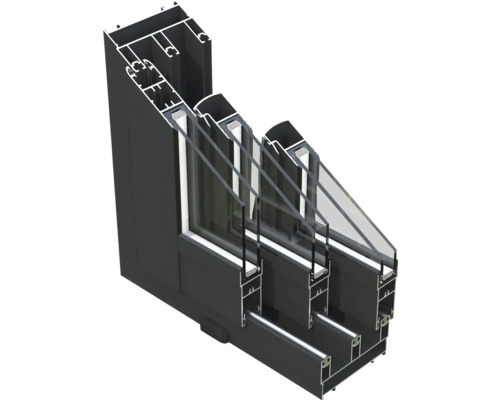 Schnittansicht eines Fensters mit Dreifachverglasung und Aluminiumrahmen