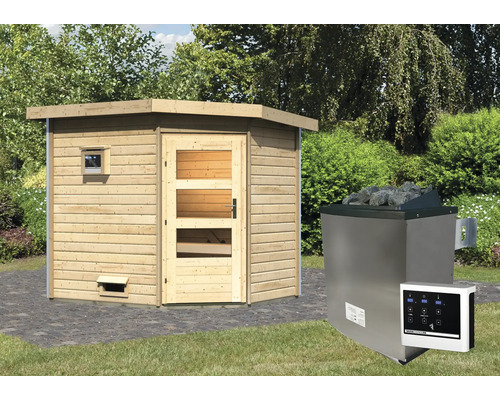 Chalet sauna Karibu Rubin 2 avec poêle 9 kW et commande externe, avec porte en bois avec verre transparent Sauna extérieure avec poêle de sauna et commande pour le jardin