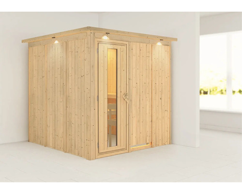 Sauna en bois avec porte en verre et éclairage