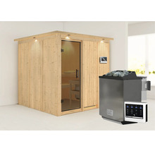Sauna aus Holz mit Glastür und Saunaofen