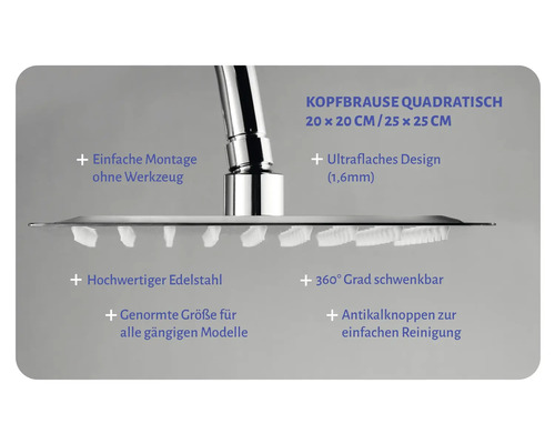 Quadratische Kopfbrause aus Edelstahl, 20 x 20 Zentimeter oder 25 x 25 Zentimeter