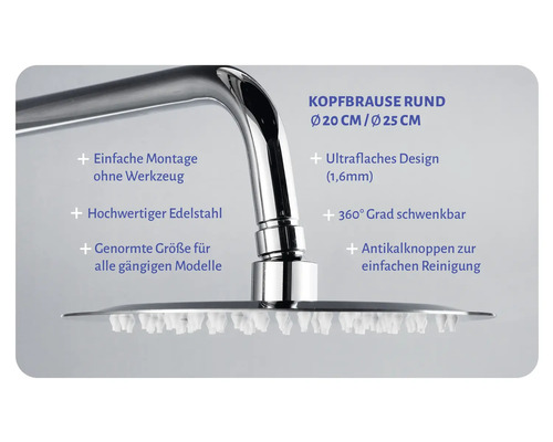 Runde Kopfbrause aus Edelstahl, 20 Zentimeter oder 25 Zentimeter Durchmesser