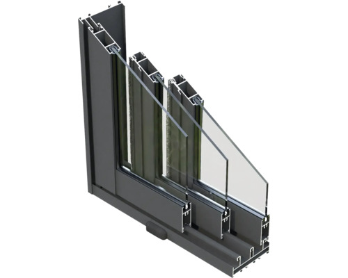 Querschnitt eines grauen Aluminiumfensters mit Dreifachverglasung