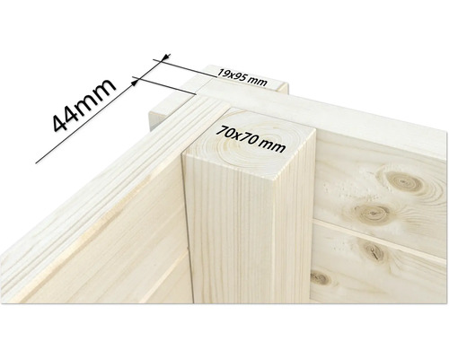 Detailansicht einer Holzecke mit den Maßen 44 mm, 19 x 95 mm und 70 x 70 mm