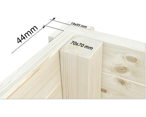 Detailansicht einer Holzecke mit Maßangaben für ein Bauprojekt
