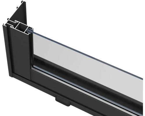 Querschnitt eines schwarzen Aluminiumfensterrahmens mit Glas
