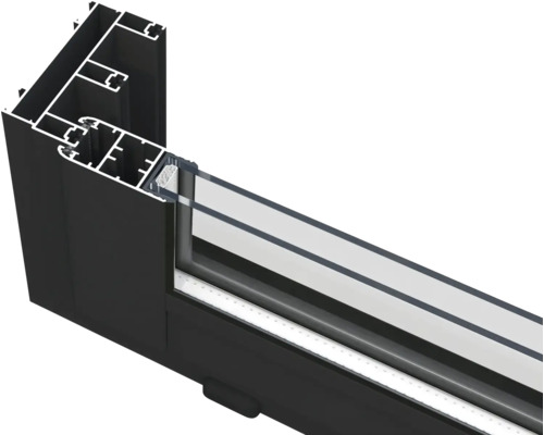 Querschnitt eines Fensterrahmens aus Aluminium mit Glas