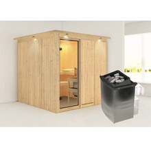 Holzsauna mit Glastür und Saunaofen