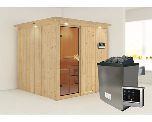 Sauna en bois avec porte en verre, poêle de sauna et éléments de commande pour l''intérieur