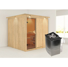 Sauna avec poêle de sauna et pierres de sauna dans une pièce lumineuse