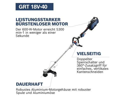 Akku Rasentrimmer mit bürstenlosem Motor, Aluminium Motorgehäuse und Zusatzgriff