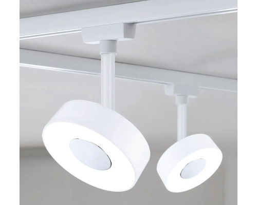 Zwei runde, weisse LED-Strahler an einer Schiene befestigt
