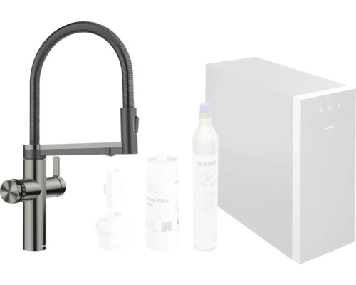 Küchenarmatur mit Brauseschlauch, Filter, Soda-Flasche und Filtersystem