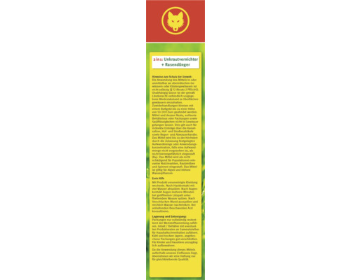Informations sur le désherbant plus l''engrais pour gazon, avec des conseils sur la protection de l''environnement, les premiers secours, le stockage et l''élimination