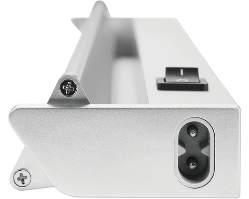 Detailaufnahme einer Unterbauleuchte mit Schalter und Netzanschluss