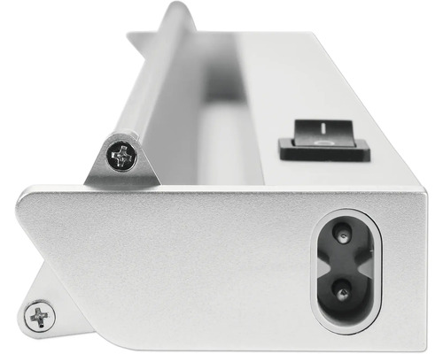 Detailansicht einer silberfarbenen Unterbauleuchte mit Schalter und Stromanschluss